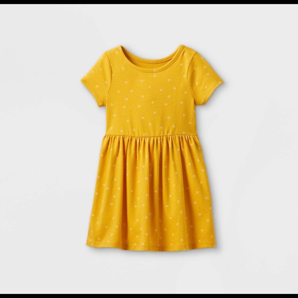 Cat & Jack Girls Toddler Short Sleeve Heart Printed Knit Dress MUSTARD Size 4T - Picture 1 of 10